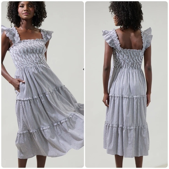Sugarlips Dresses & Skirts - NEW Sugarlips Katie Striped Smocked Bodice Tiered Midi Dress Sz XL Milkmaid Chic